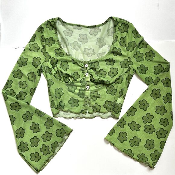 Green Floral Mesh Crop Top Y2K Women’s XS Hippie Flower & Flared Sleeves - Picture 1 of 10